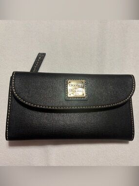 Dooney & Bourke Black Leather Folio Phone Wallet with Gold Plaque